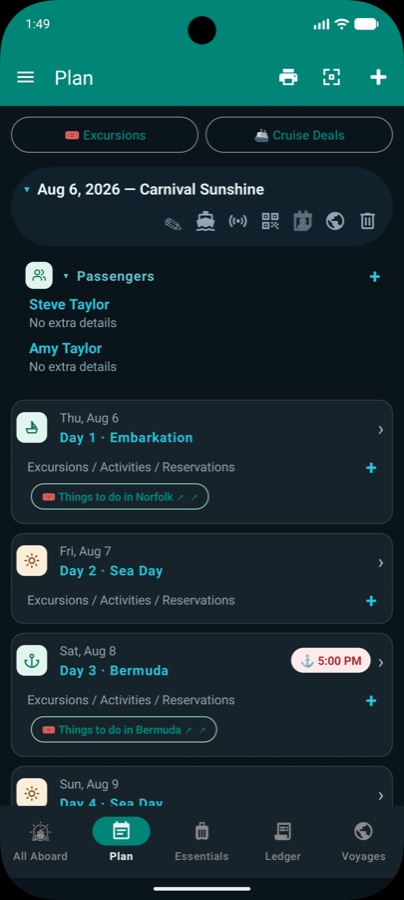 The day-by-day cruise itinerary screen